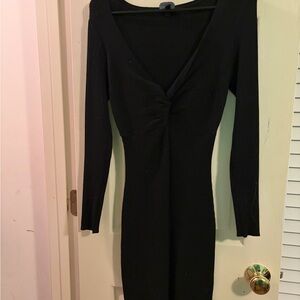 Black Long Sleeve Twist-Front Knit Dress